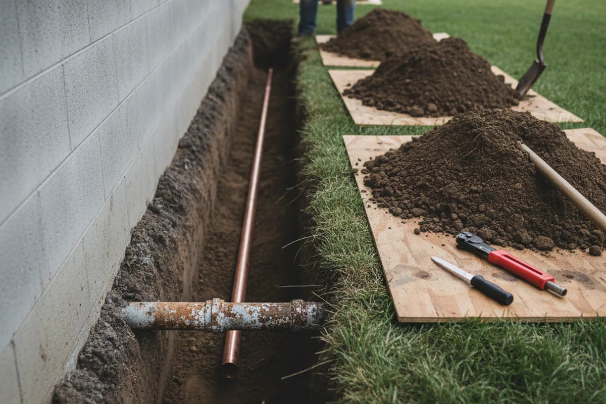 Excavated water line trench during Sewer Line Repair in Idaho Springs
